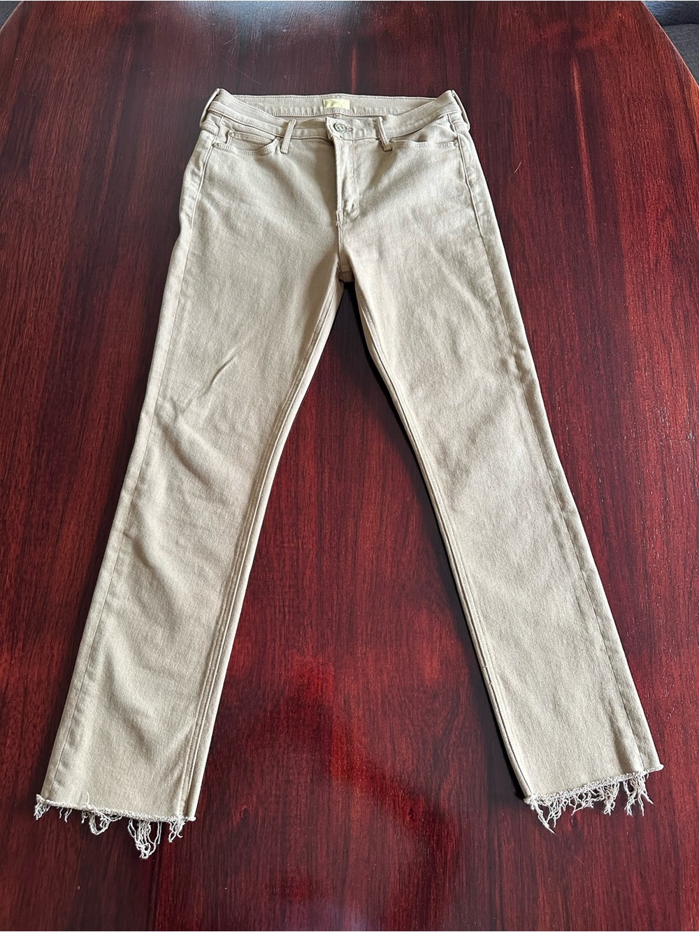 MOTHER Beige Straight-Leg Jeans with Frayed Hem